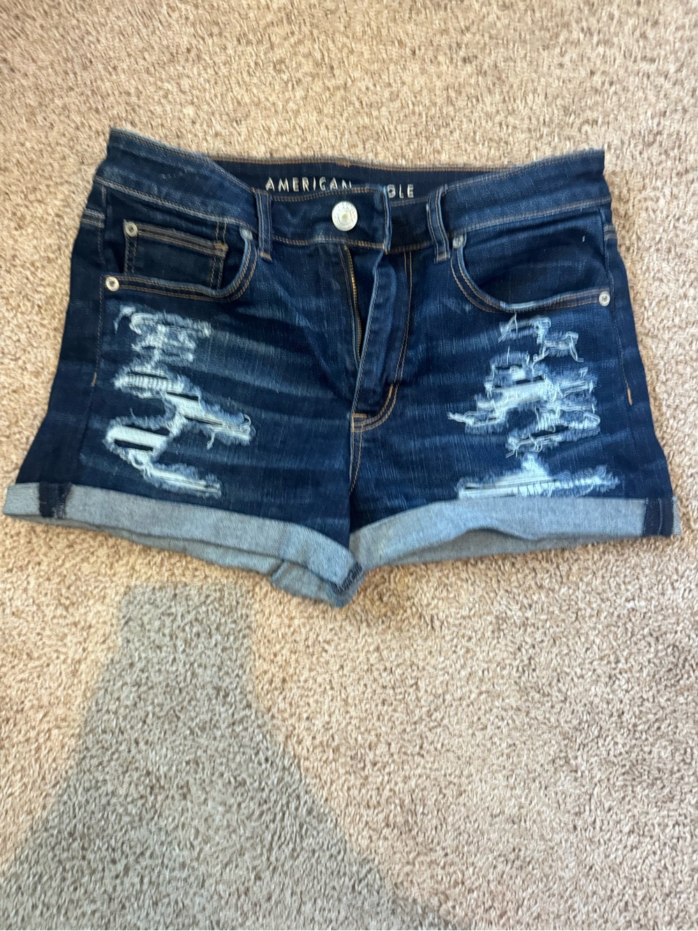 American Eagle Outfitters Dark Blue Distressed Rolled Hem Jean Shorts